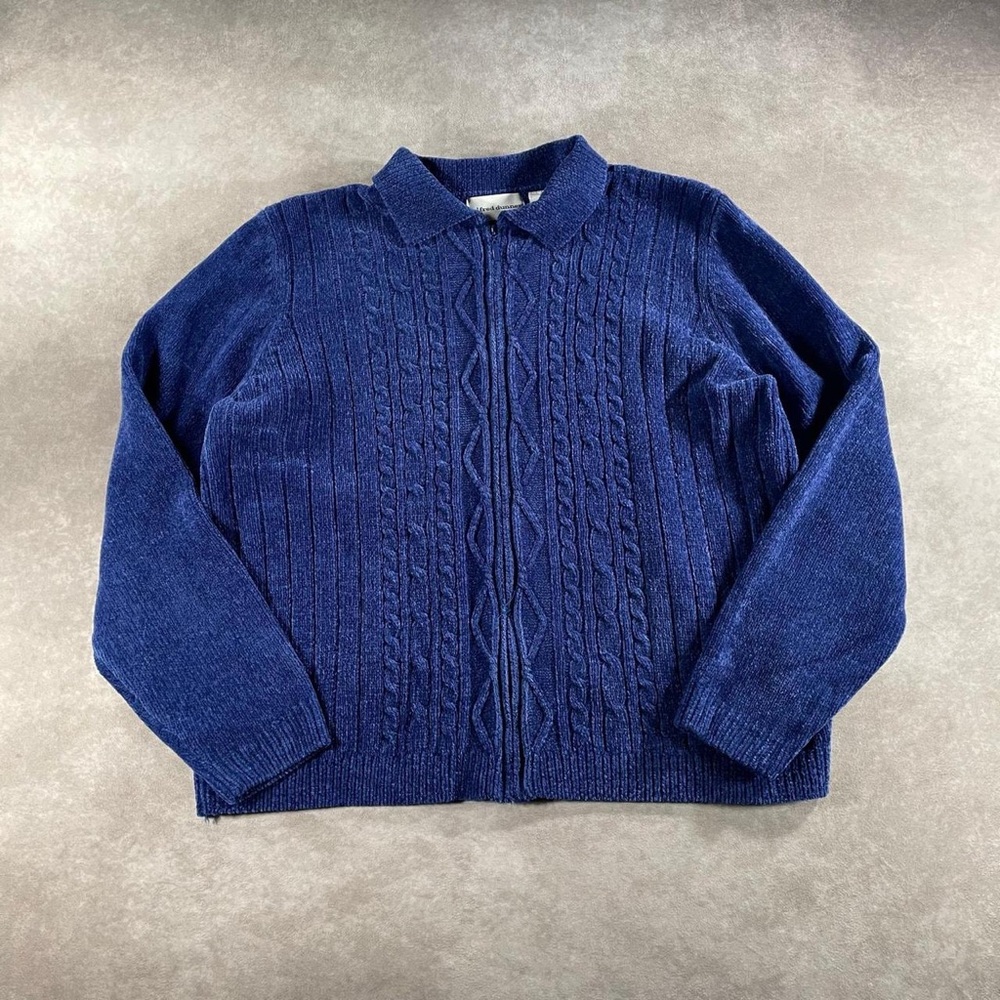 Alfred Dunner Dark Blue Cable Zip Polo Cardigan